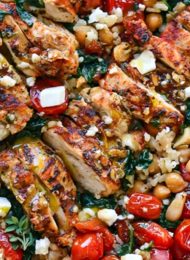 Plate of Greek Chicken with Lemon Rice garnished with herbs.