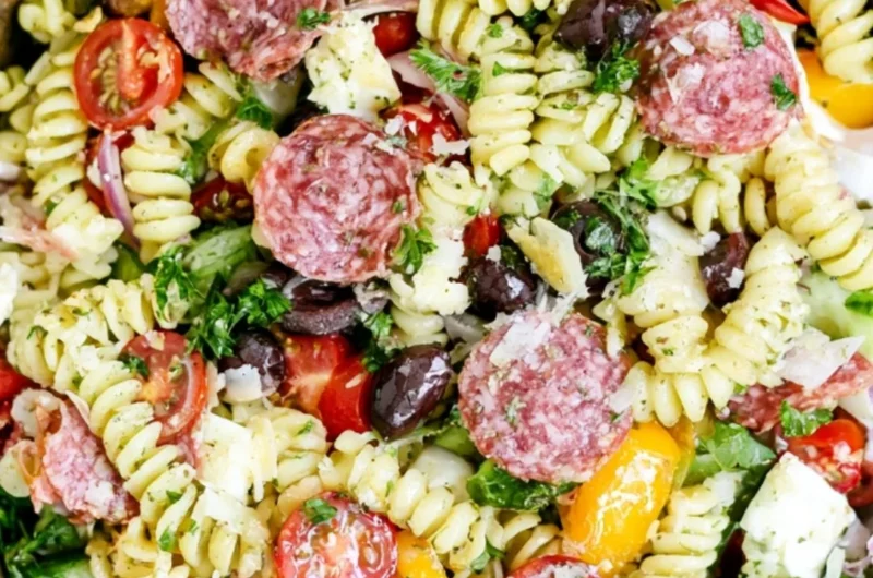 Colorful Italian Pasta Salad with fresh vegetables and dressing