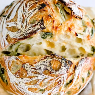 Freshly baked Jalapeño Cheddar Sourdough Bread with vibrant jalapeños and cheese