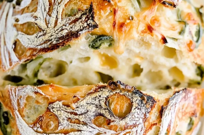 Freshly baked Jalapeño Cheddar Sourdough Bread with vibrant jalapeños and cheese
