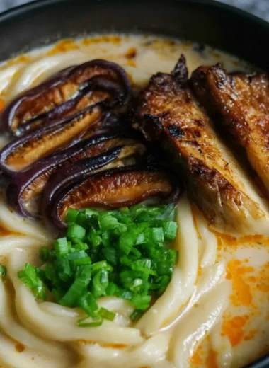 Miso udon noodle soup garnished with teriyaki mushrooms in a bowl