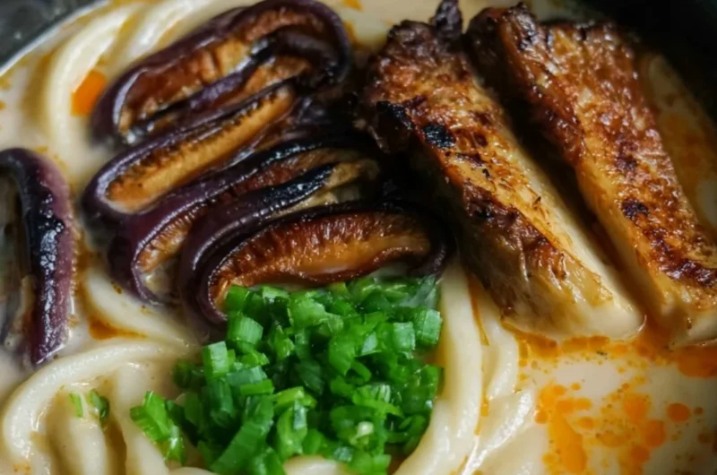 Miso udon noodle soup garnished with teriyaki mushrooms in a bowl