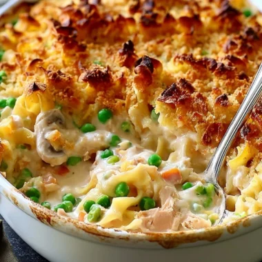 Delicious no-soup tuna noodle casserole topped with breadcrumbs and cheese