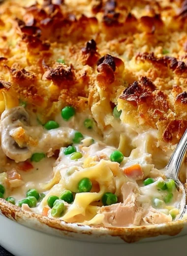 Delicious no-soup tuna noodle casserole topped with breadcrumbs and cheese