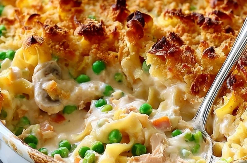 Delicious no-soup tuna noodle casserole topped with breadcrumbs and cheese