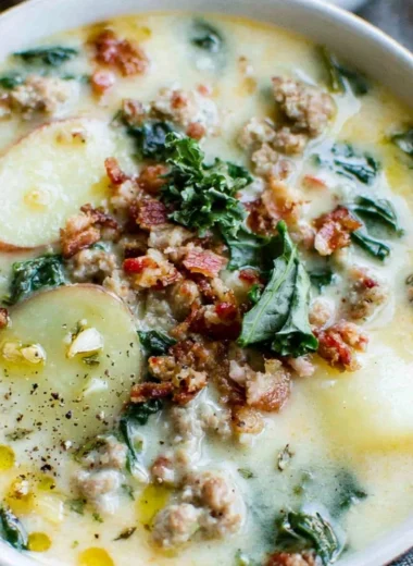 Creamy Olive Garden imitation Zuppa Toscana soup served in a bowl