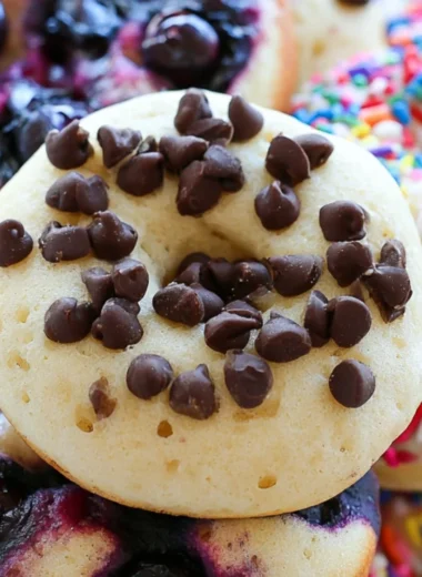 Homemade pancake donuts topped with icing and sprinkles