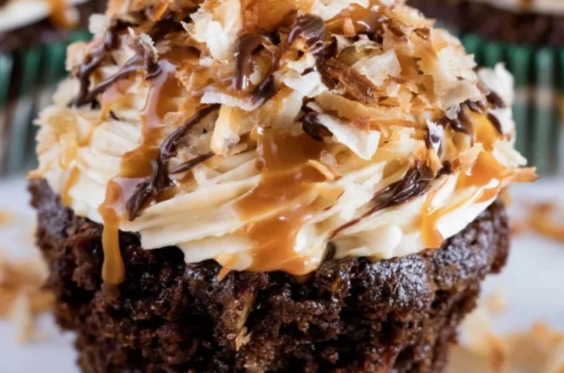 Delicious Samoas Cupcakes topped with chocolate, caramel, and coconut