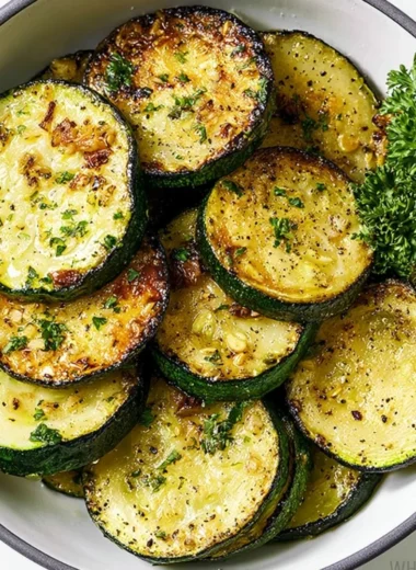 A plate of sautéed zucchini garnished with spices and herbs.