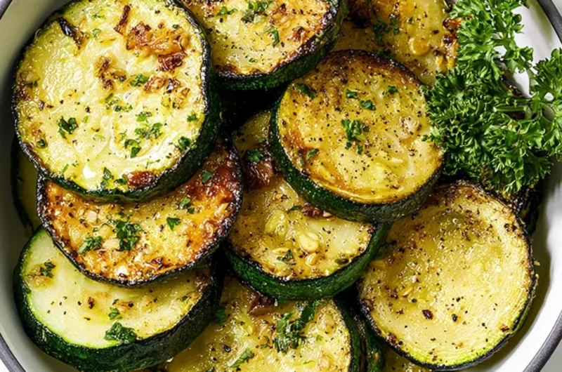 A plate of sautéed zucchini garnished with spices and herbs.