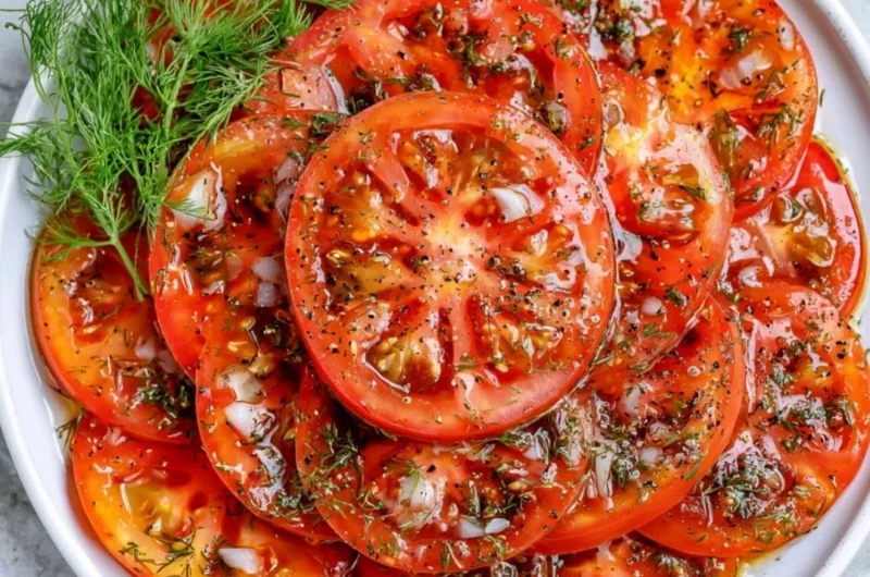 Fresh ingredients in a simple tomato salad with herbs and dressing