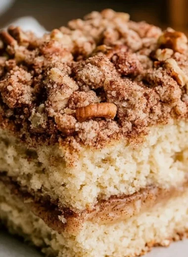 Freshly baked sourdough coffee cake topped with a crumbly streusel.