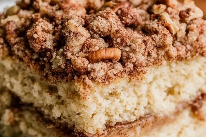 Freshly baked sourdough coffee cake topped with a crumbly streusel.