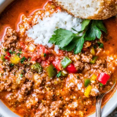 Bowl of stuffed bell pepper soup with colorful vegetables and herbs