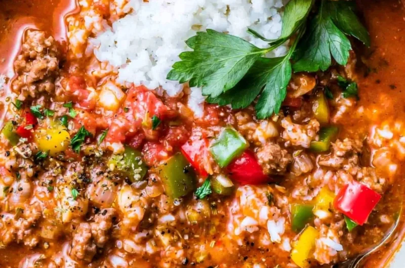 Bowl of stuffed bell pepper soup with colorful vegetables and herbs