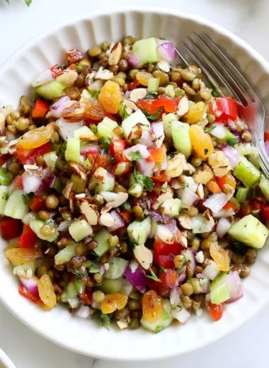 Delicious and nutritious lentil salad served in a bowl with fresh vegetables.